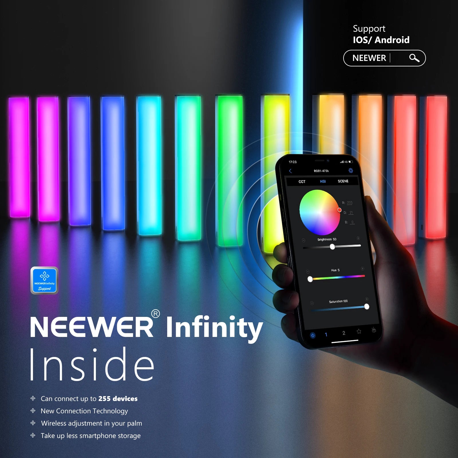 Slim rectangular RGB LED light bars in various colors controlled by a smartphone app for wireless lighting adjustments.