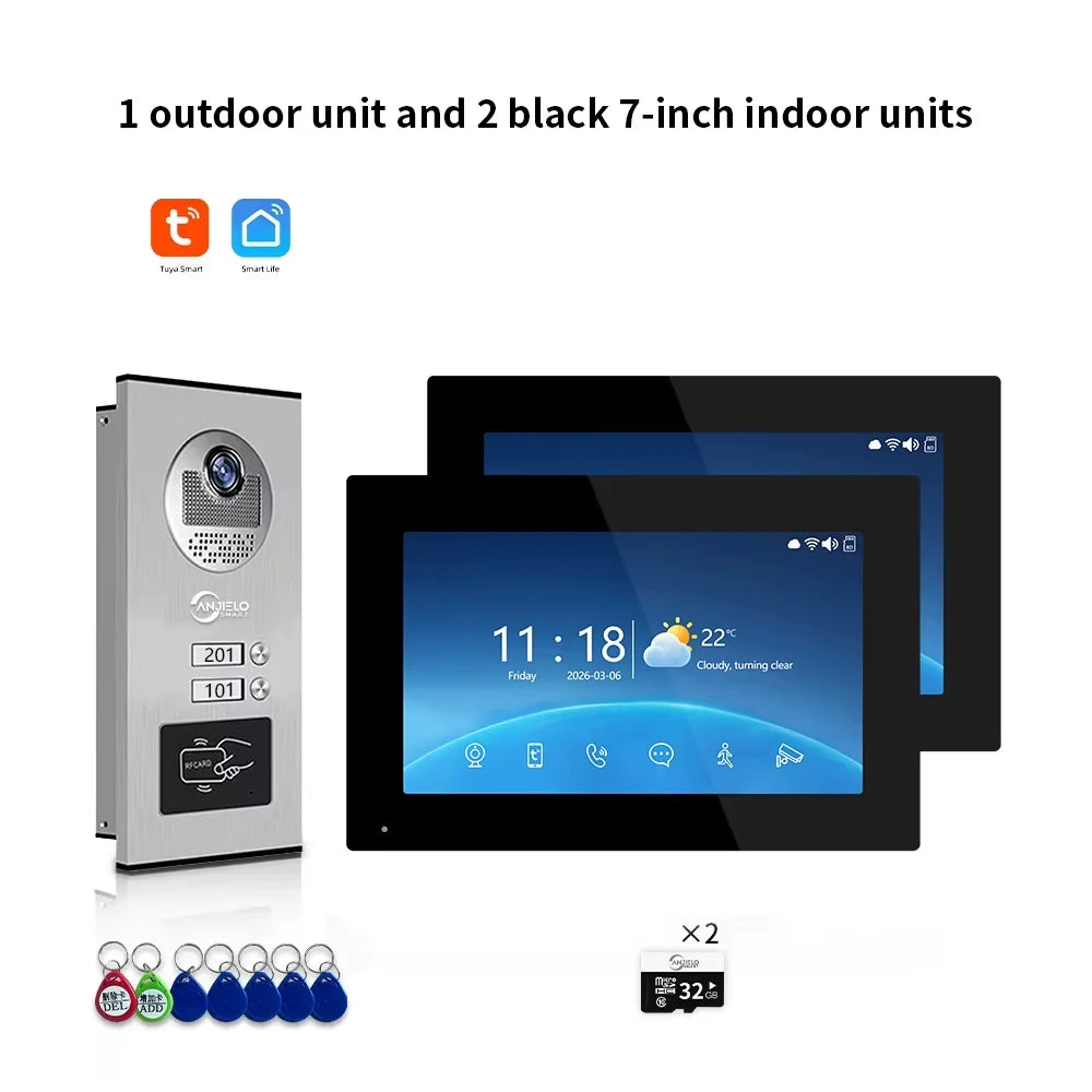 7-inch WiFi video door intercom kit with 2 black indoor monitors and 1 outdoor unit