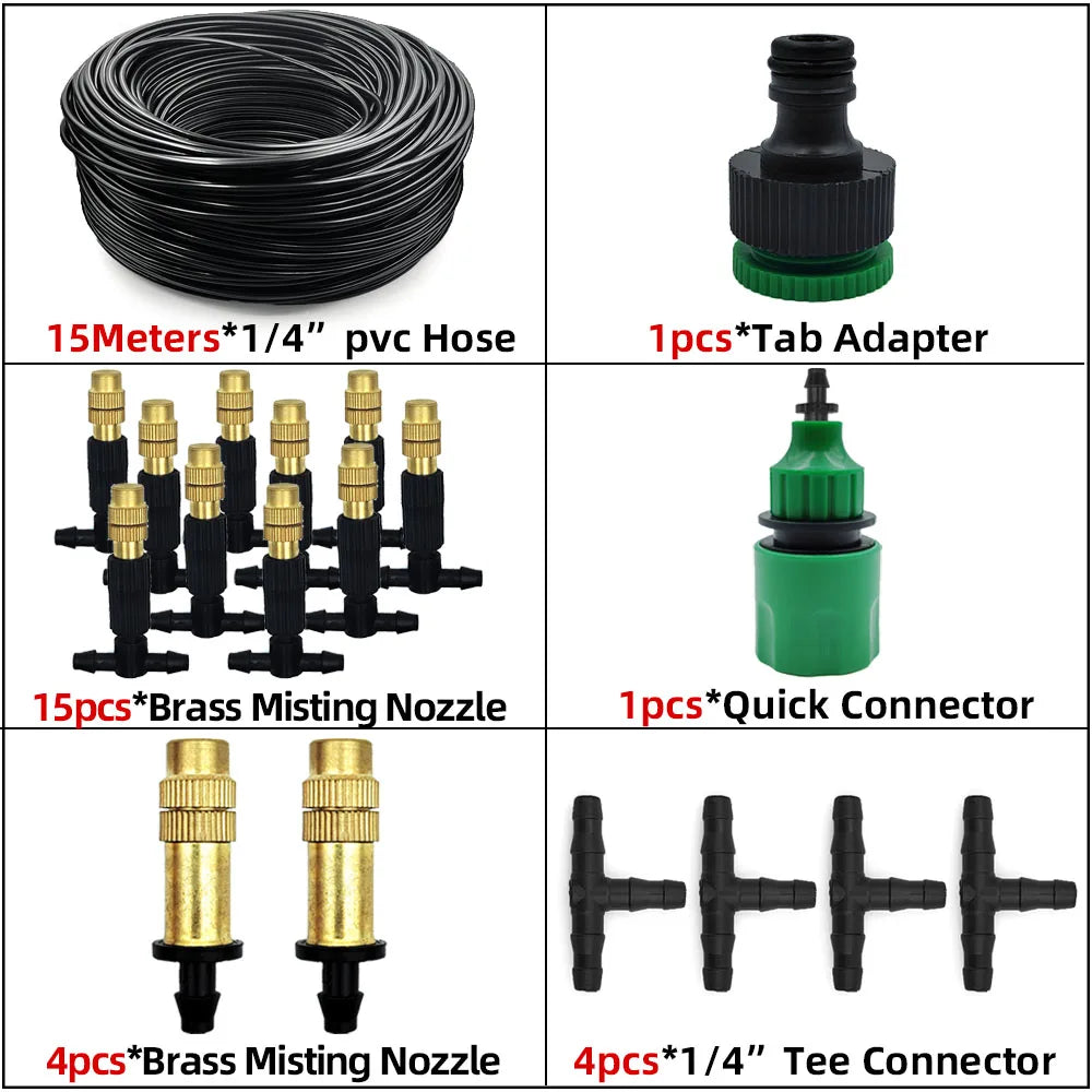Black hose coil with brass misting nozzles plus tap adapter, quick connector, and tee connectors