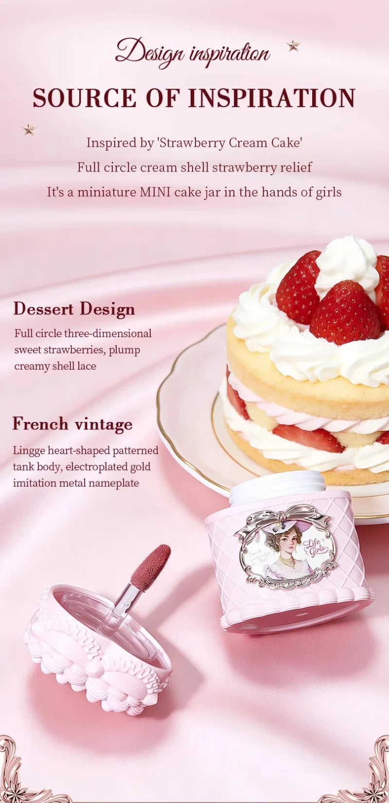 Strawberry cake lip mud in a vintage pink jar with matte velvet applicator, highly pigmented, French style packaging.