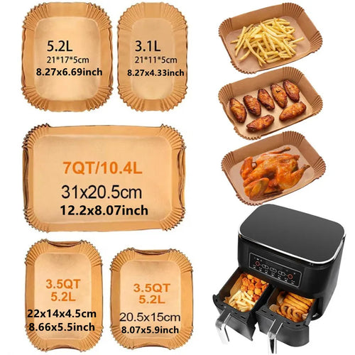 Rectangle air fryer paper liners set, tan non-stick baking mat trays for basket sizes