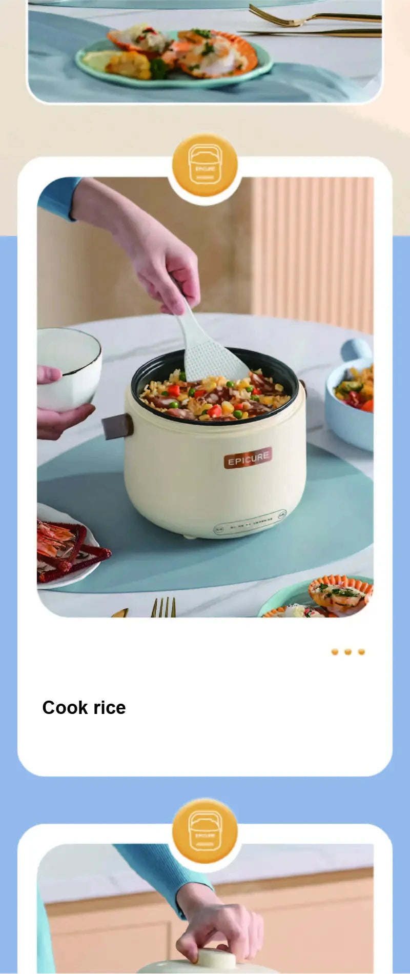 Mini electric rice cooker pot on table, cream nonstick cooker