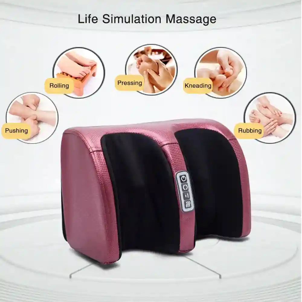 Pink electric shiatsu foot massager with heating therapy and kneading rollers for muscle pain relief and relaxation.