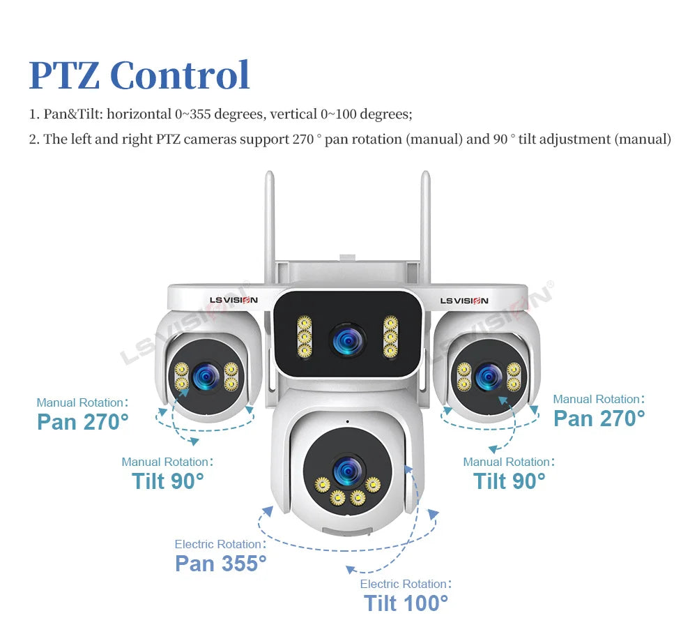 LS VISION 20MP Four Screens Solar Security Camera Outdoor 12X Zoom 4-Lens 4G Sim Ai Tracking Waterproof CCTV 24/7 Recording AOV