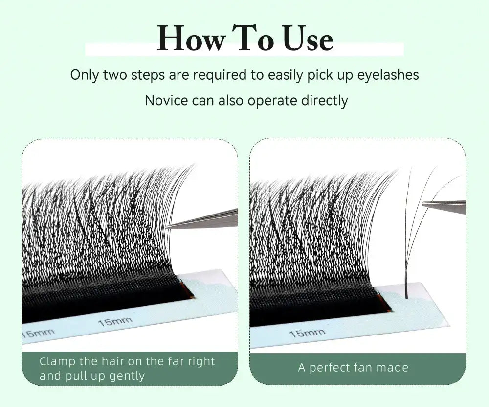 Two-step guide showing tweezers picking up black, 3D W-shape premade volume lash fans from a 15mm tray.