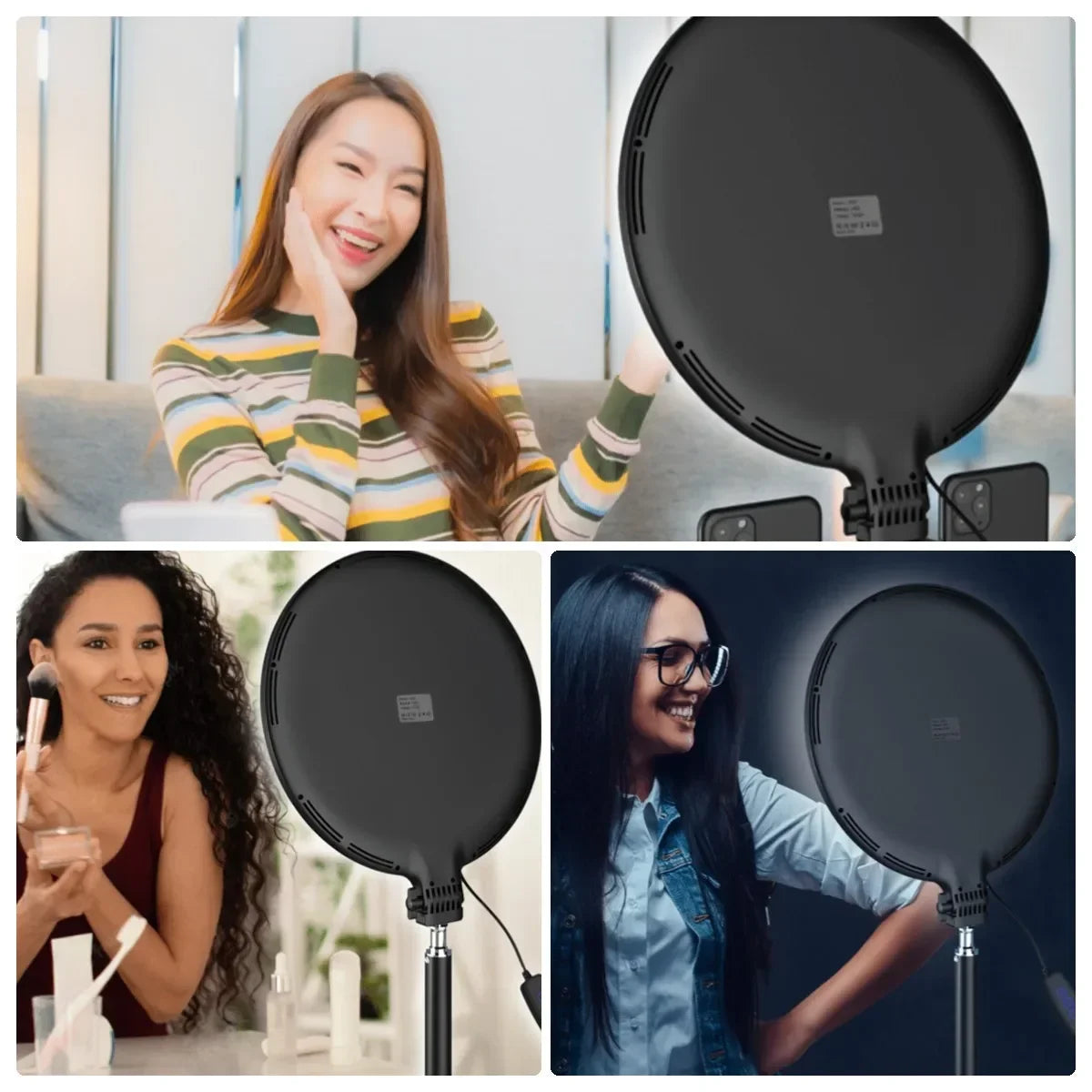 Black circular LED ring light on an adjustable stand for makeup application, content creation, and studio lighting.