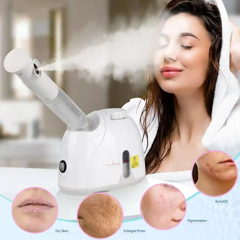 White facial steamer with adjustable nozzle for deep pore cleansing, hydrating skin treatment at home.