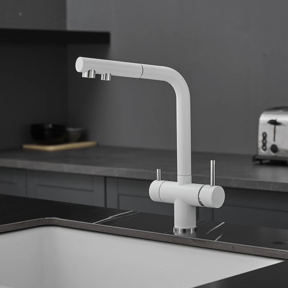 White Hot Cold Filter Kitchen Sink Faucets 3 Ways Pure Water Pull Out Kitchen Sink Mixer Tap Brass Filter Kitchen Sink Faucet