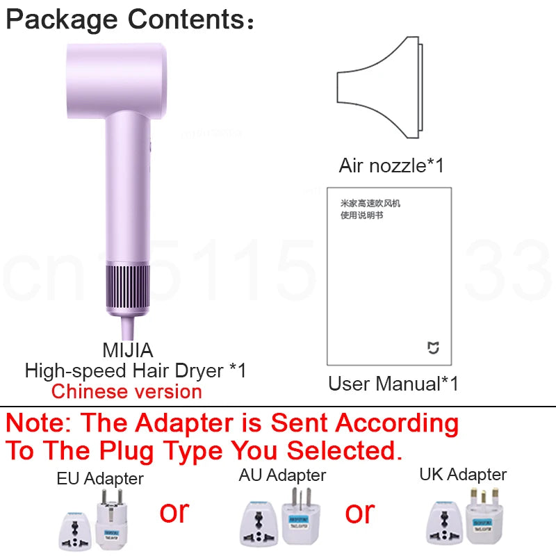 Purple MIJIA high-speed ionic hair dryer set with nozzle, manual, and selectable power adapter for fast drying.