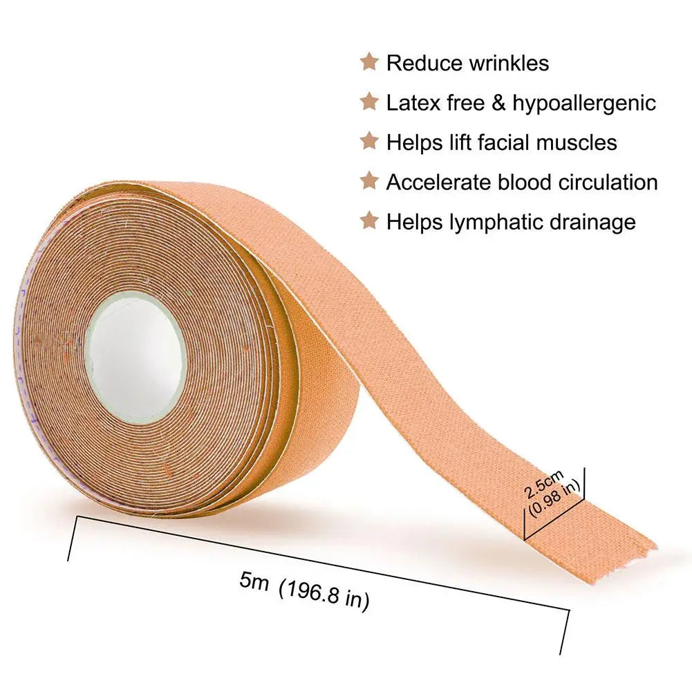 A roll of beige, elastic kinesiology facial tape with dimensions labeled as 2.5cm wide and 5m long.
