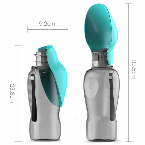 Portable dog water bottle in teal with flip spout; compact size view