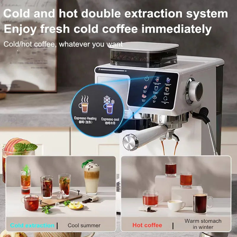 White espresso coffee machine with digital touch display for hot and cold extraction, featuring bean hopper and portafilter.