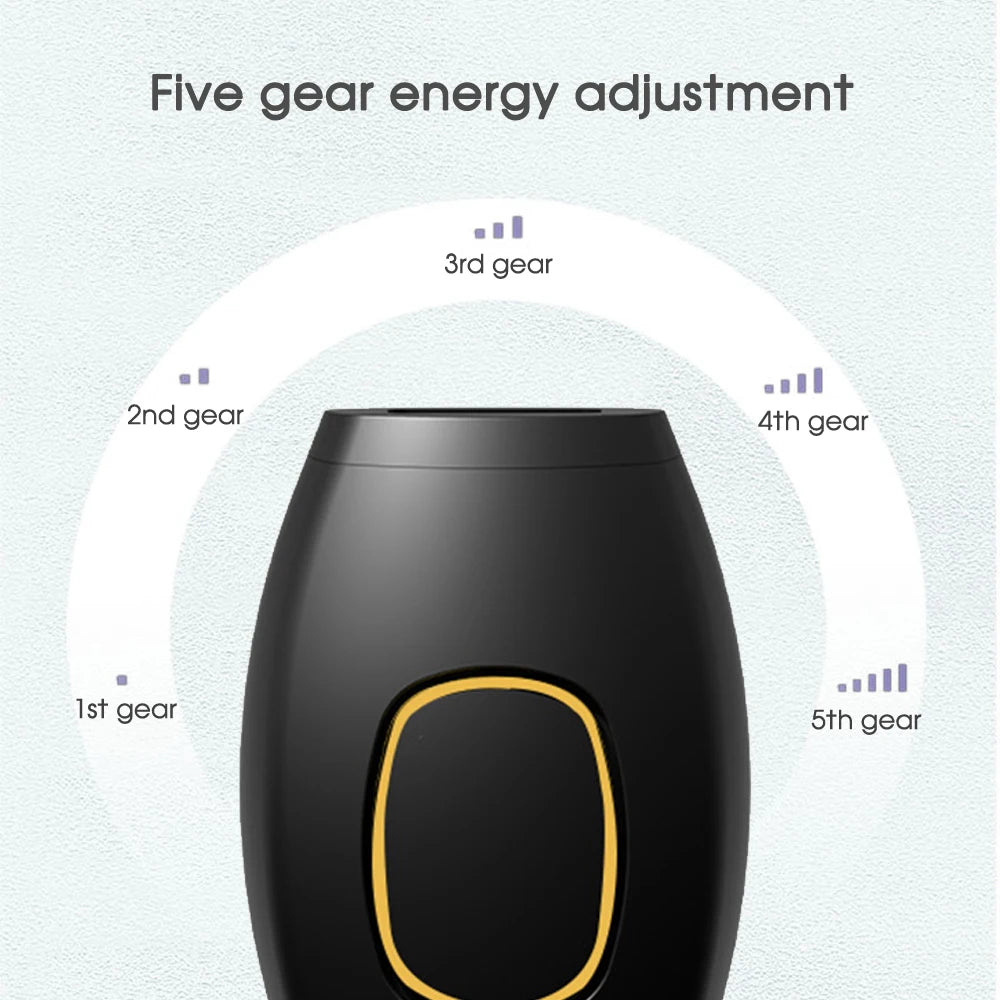 Black IPL hair removal device showing 5 energy gear adjustment levels for painless home laser epilation.