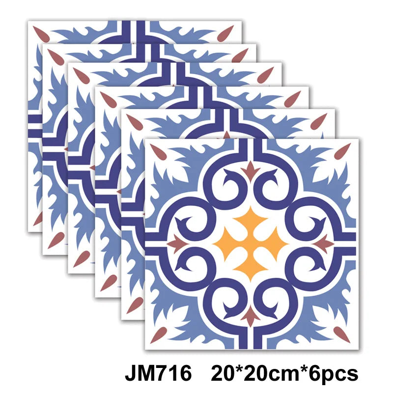 Self-adhesive marble wall tile stickers, blue decorative swirl tiles, 6-piece set