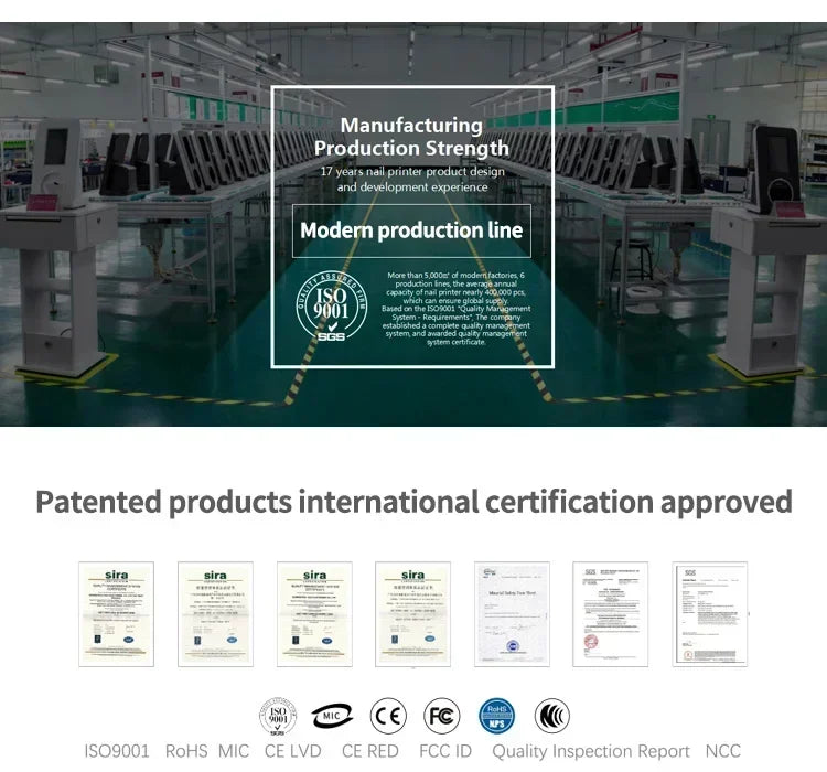 Modern factory production line of smart 3D portable nail printers with ISO, CE, and FCC international certifications.