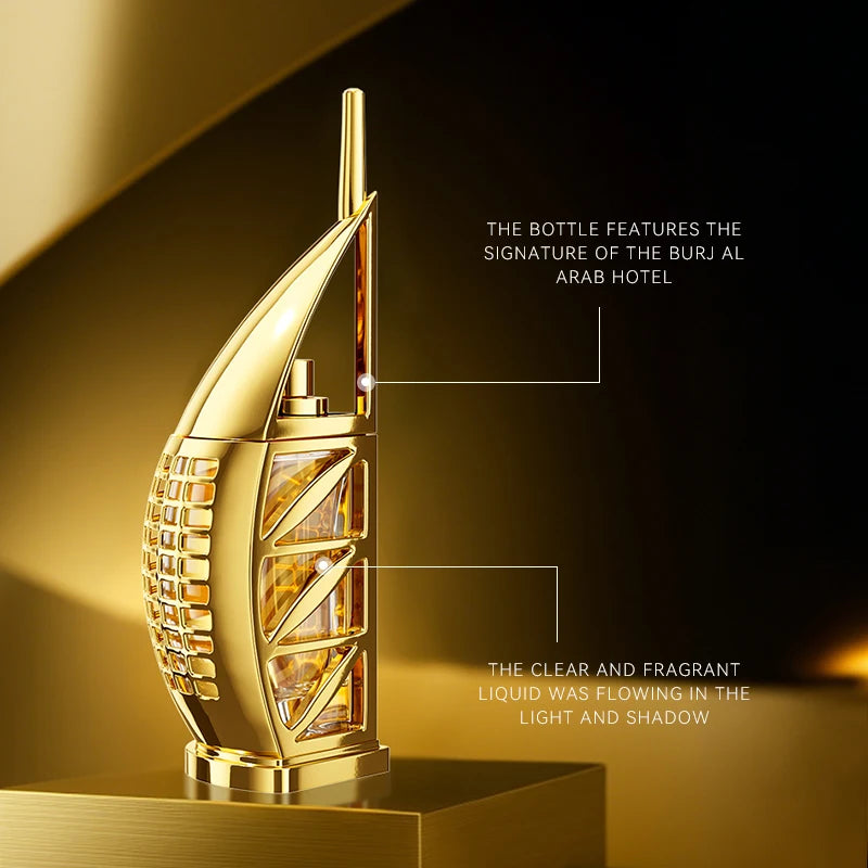 MORAKOT Golden Vacation unisex 75ml EDT, Burj Al Arab hotel shaped gold bottle, long-lasting fresh fragrance for all.