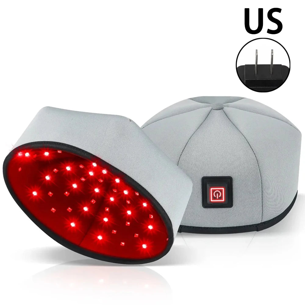 Grey red light therapy hair growth cap with 650nm LLLT diodes and wall plug power cord for home hair loss treatment.