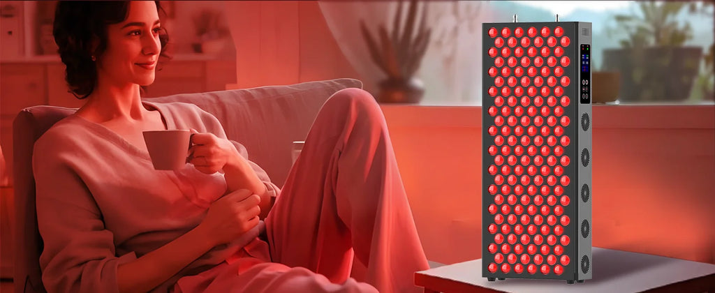 Red light therapy panel with 660nm/850nm LEDs for home skin beauty and pain relief on table next to relaxing woman.
