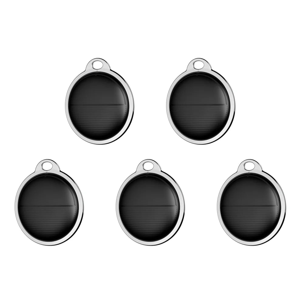 Five black mini GPS pet trackers for Apple Find My, portable Bluetooth locators for cat or dog collars.