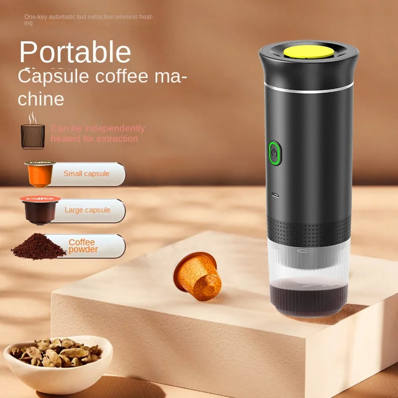 Black portable capsule coffee machine with wireless heating, supports large, small capsules, and coffee powder.