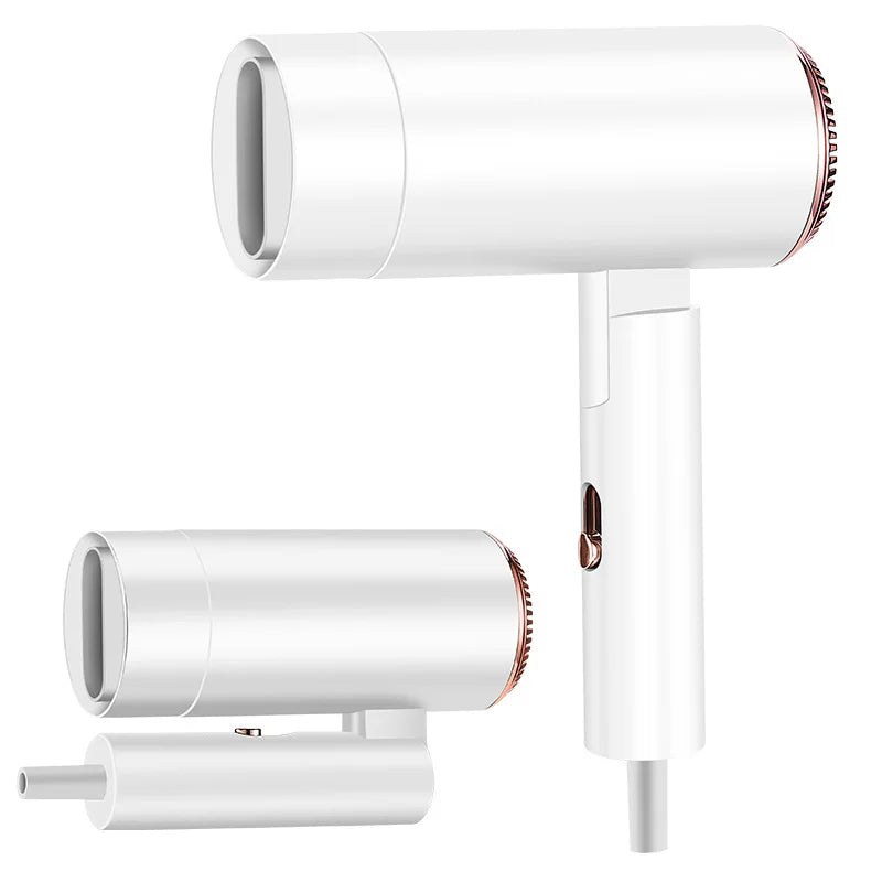 White portable foldable hair dryer with concentrator nozzle, rose gold accents, and ionic quick-dry technology.