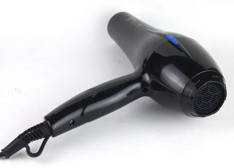 Glossy black professional hair dryer with blue button, ergonomic handle, and rear mesh grille for salon or home use.