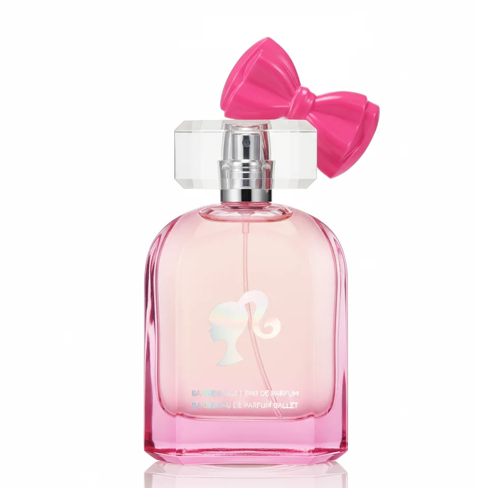 Miniso x Barbie Ballet EDP: Pink glass perfume bottle with bow cap. Floral fruity fragrance for women and girls.