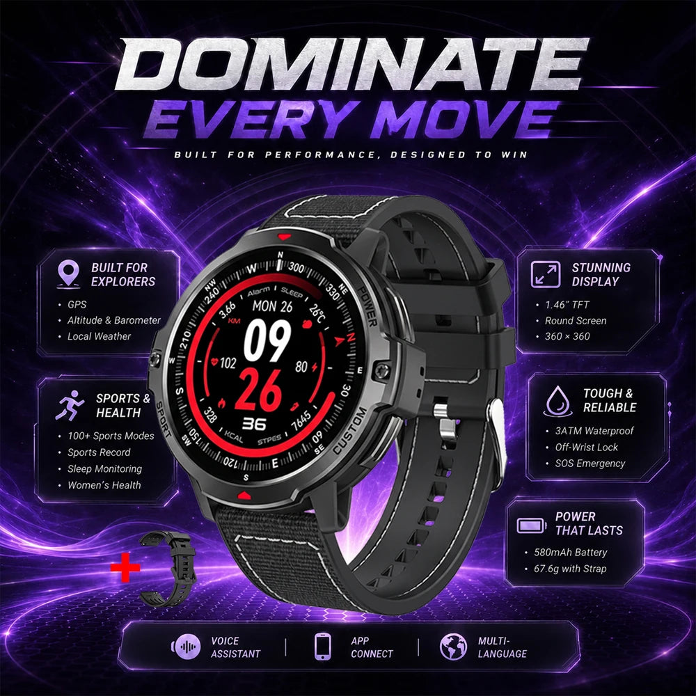 Black GPS smartwatch with 1.46-inch display and perforated sport band