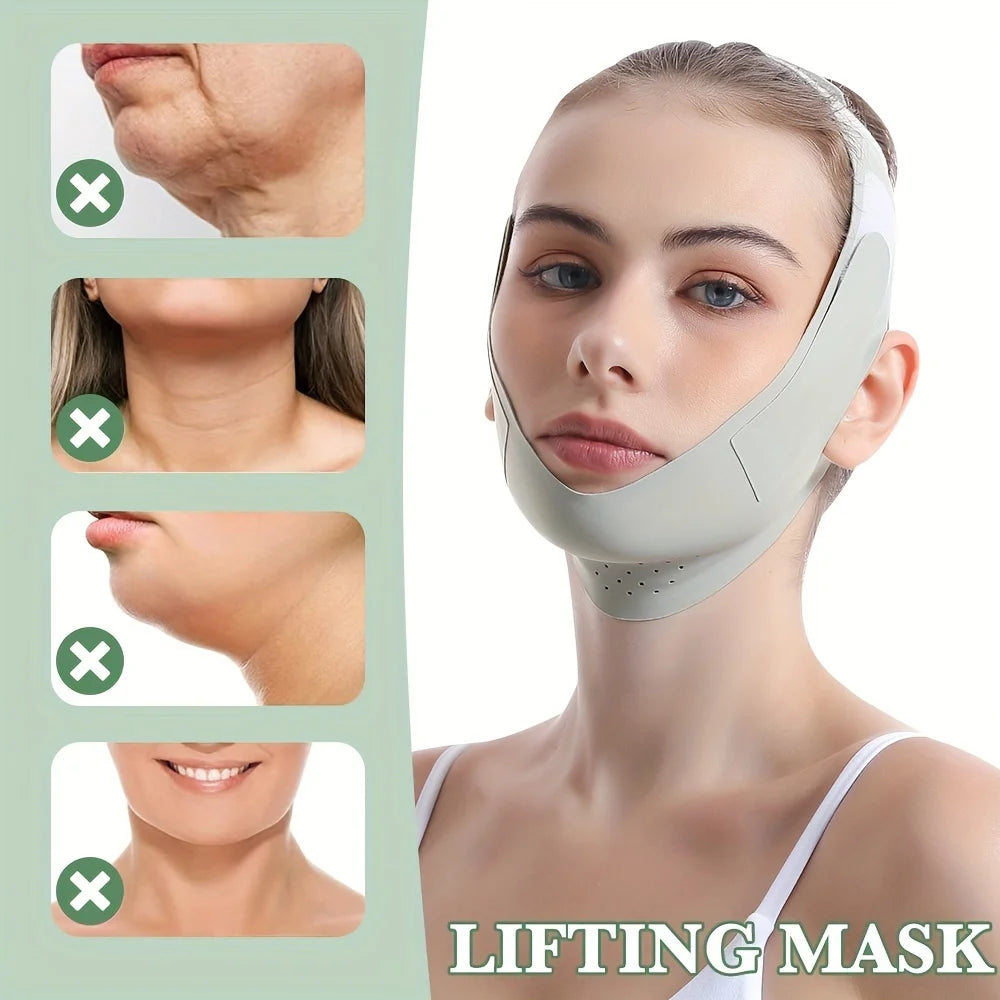 A woman wears a light gray, adjustable elastic V-line lifting mask strap under her chin. Side panels show before-afters.