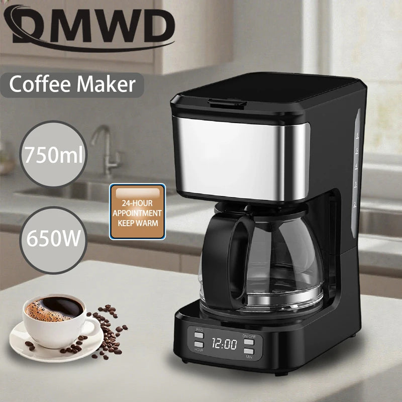 QMWD 750ml digital coffee maker with glass carafe, black finish, stainless steel accents, and 650W power.