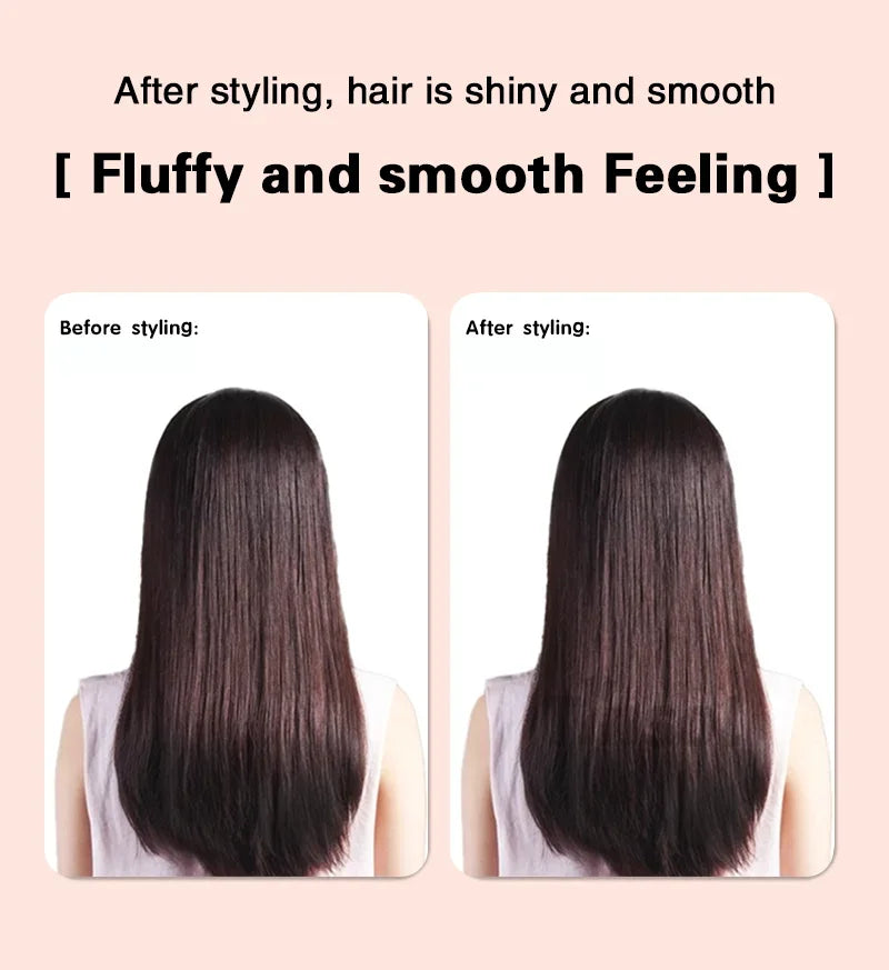 Before and after comparison of TINSOL 2-in-1 hair straightener and curler showing smooth, shiny, fluffy results.