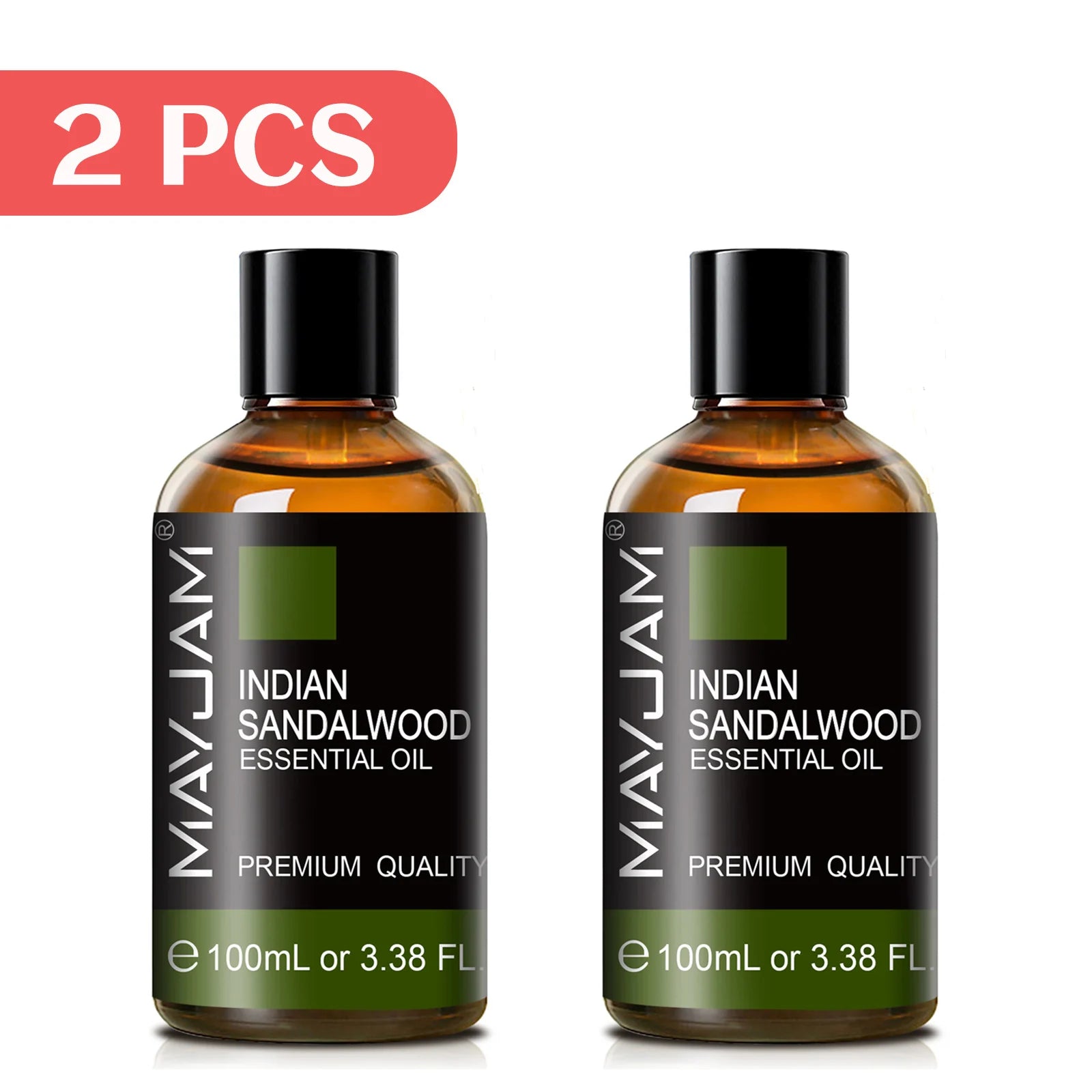 2-pack Indian sandalwood essential oil bottles, amber glass, black caps, 100ml