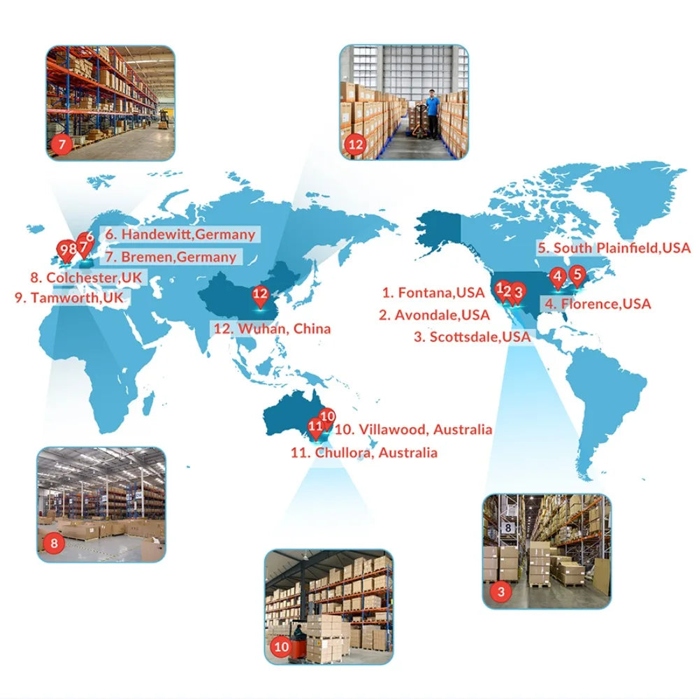World map showing Frovab RTMS brain stimulation equipment warehouse locations for global clinical distribution.