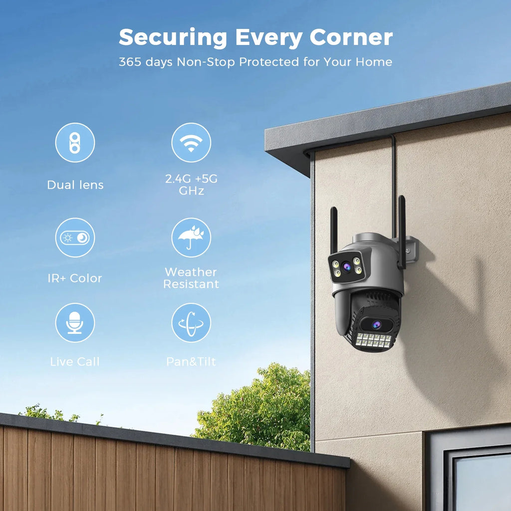 5K 10MP WiFi 2.4g/5G Dual Lens Security Camera, Outdoor IP66 Waterproof 5X Zoom Dual Screens Human Detection AI Night Vision
