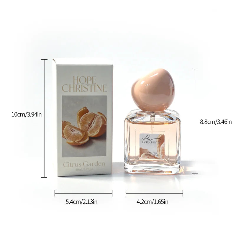 Hope Christine Citrus Garden EDP for women. Fresh pomelo & vanilla coconut scent in square bottle with egg-shaped cap.