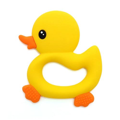 Yellow silicone duck baby teething toy for relief.