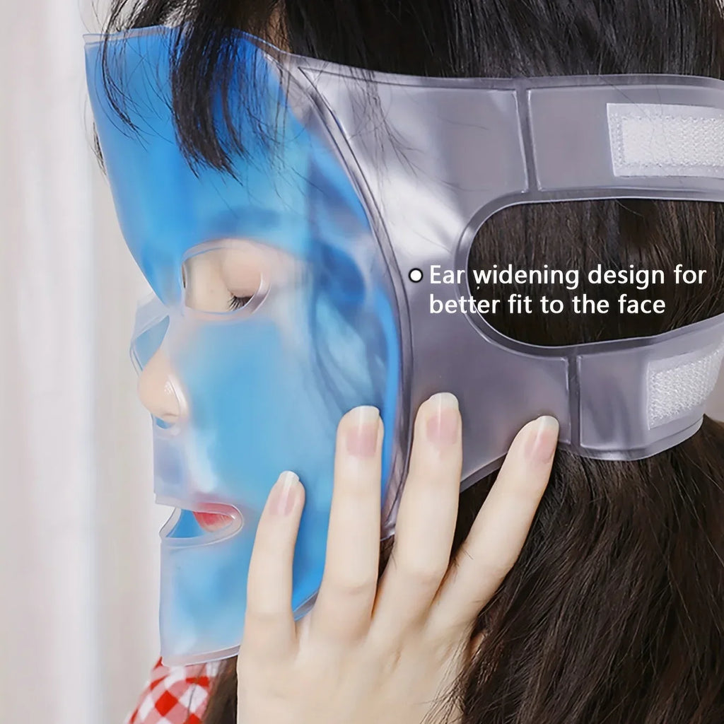 Person wearing a blue, translucent gel cooling face mask with a clear strap and side openings for ears.