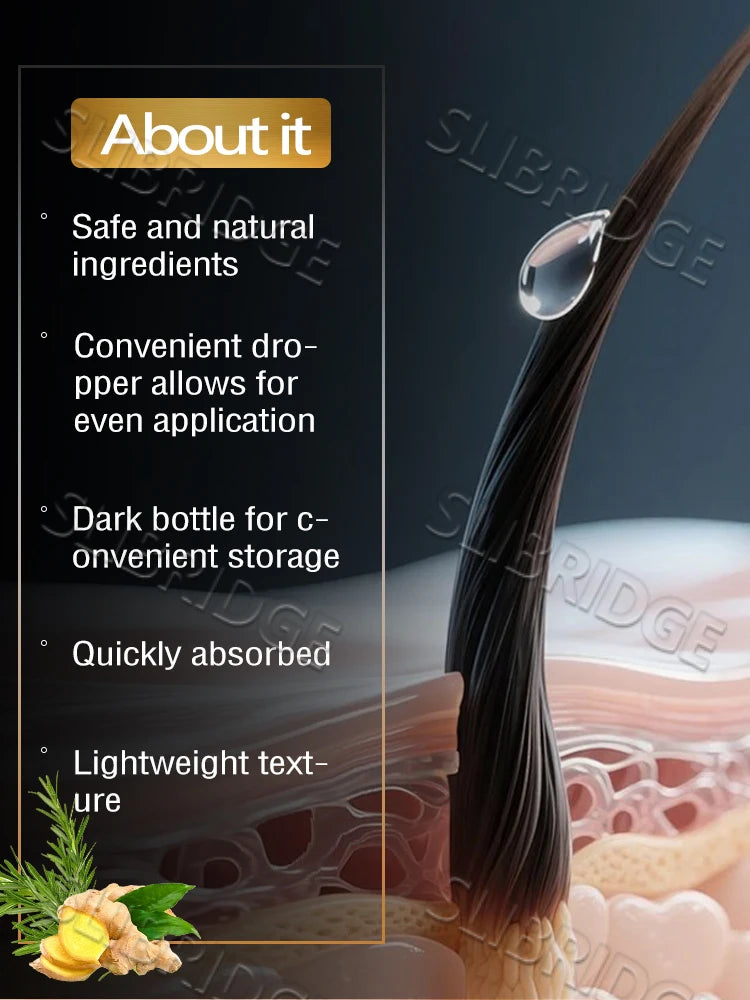 Scalp applicator liquid hair treatment bottle with natural ingredients like ginger for hair growth and scalp massage.