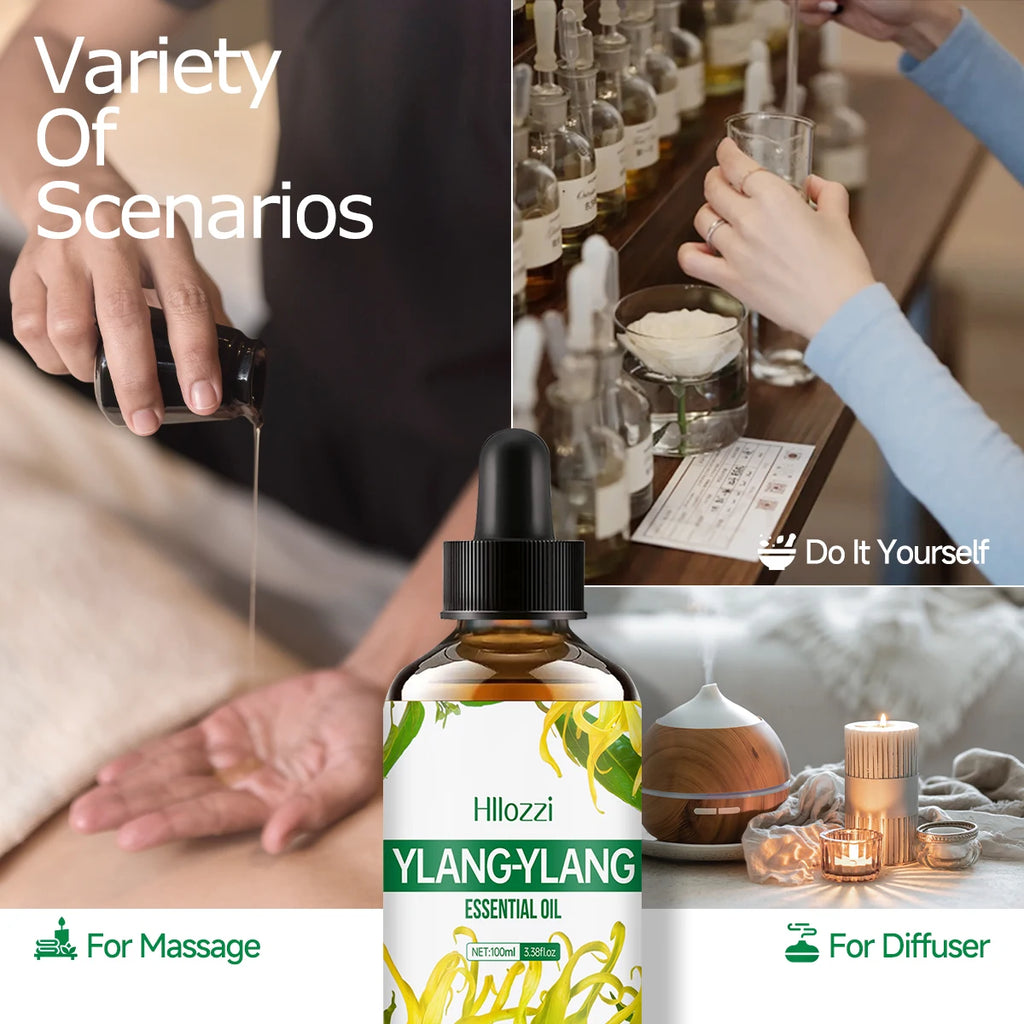 Ylang ylang essential oil is used for skin care, massage, bathing, and is suitable for face, body, nails and hair.