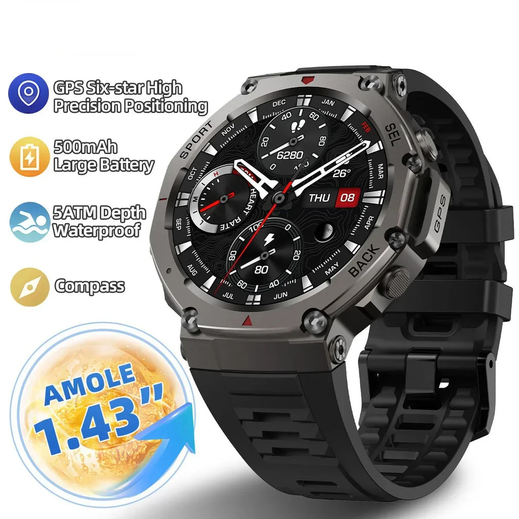 Military 2025 Smartwatch Men,1.43" AMOLED 5ATM Waterproof 170+ Sport Modes Smart Watch Built-in GPS BT Call for Xiaomi Samsung