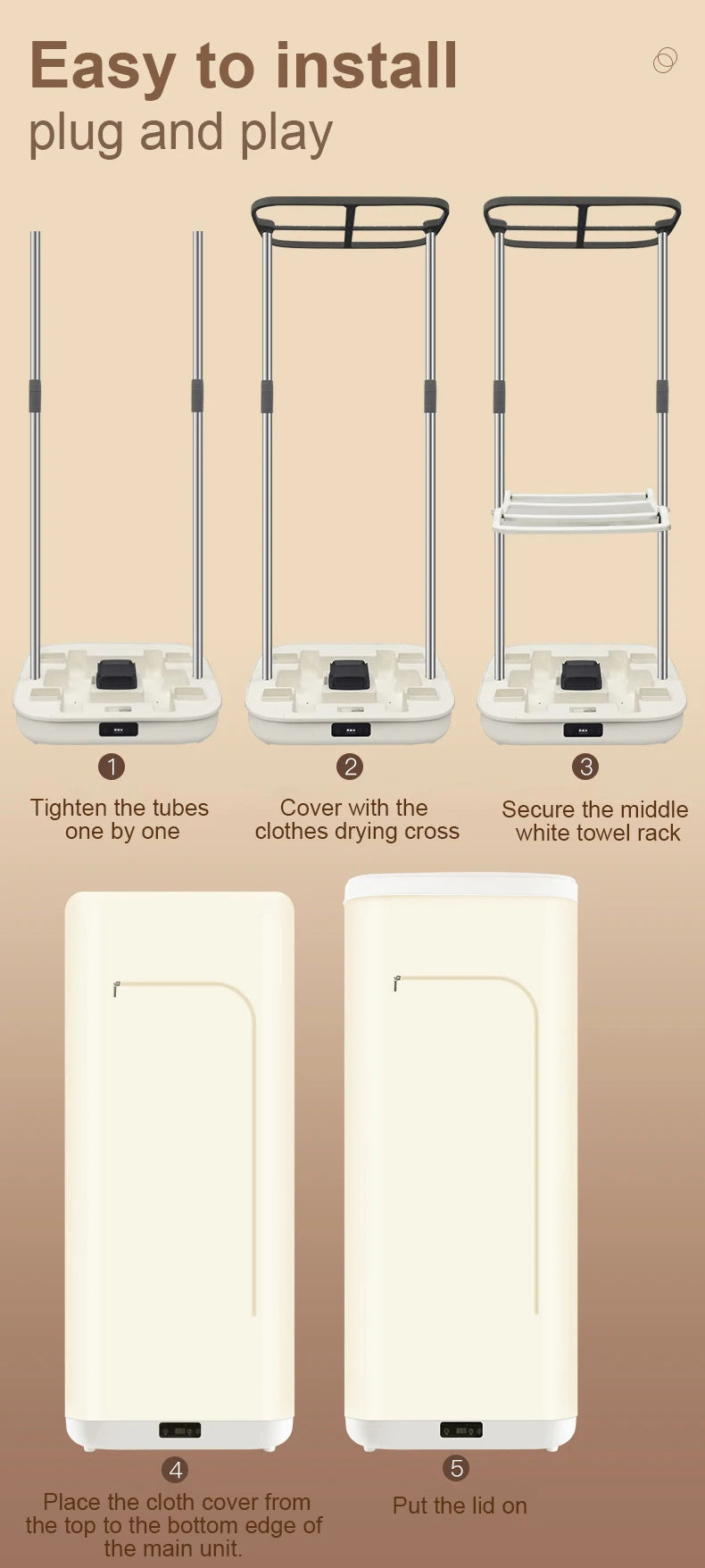 Tidesmit portable electric clothes dryer with remote control showing folding drying rack design for travel laundry