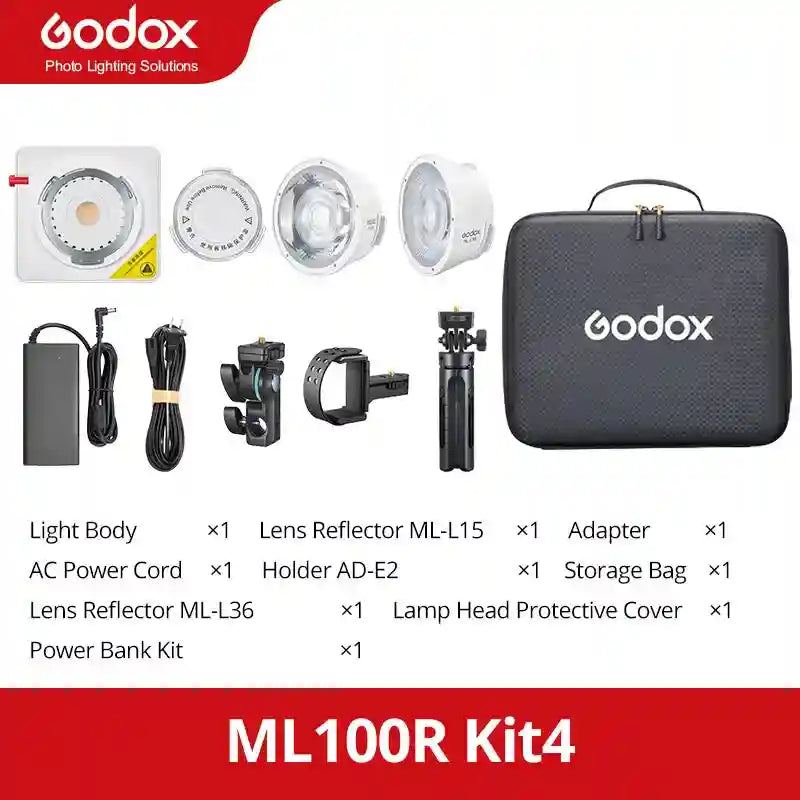ML100R Kit4 photography light set including round white light body, reflectors, holders, power cables, and carry case.