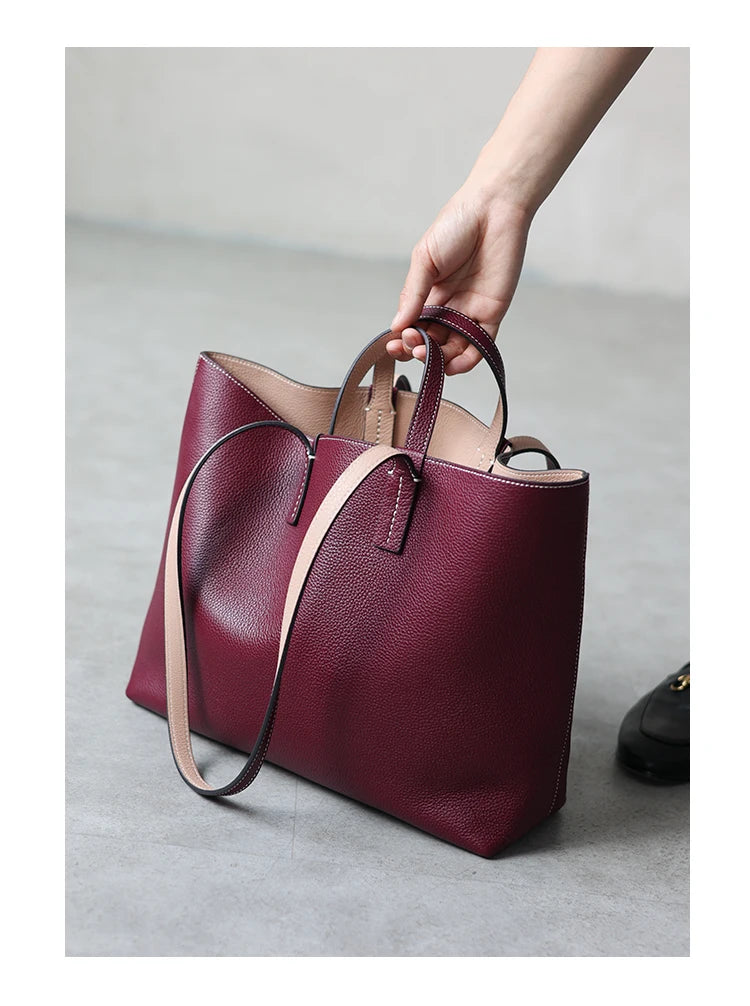 Women Luxury Genuine Leather Tote Soft Cowhide Handbag Two Sides Available Using Shoulder Bags Versatile And Durable