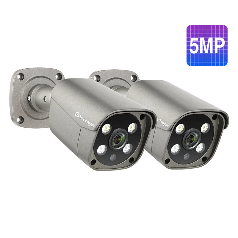 Two gray outdoor bullet security cameras with 5MP resolution badge