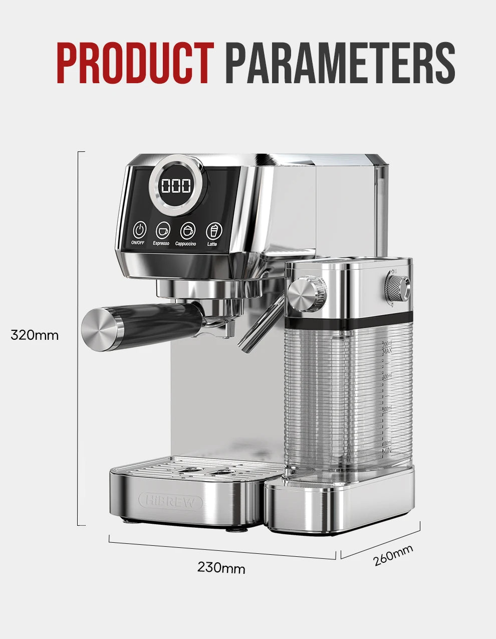 HiBREW stainless steel espresso machine with milk frother, digital display, and dimensions 320x230x260mm.