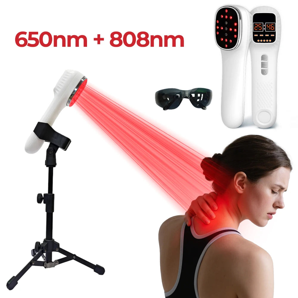 White handheld red light therapy device on a tripod, emitting infrared beams onto a woman’s neck, with safety glasses.
