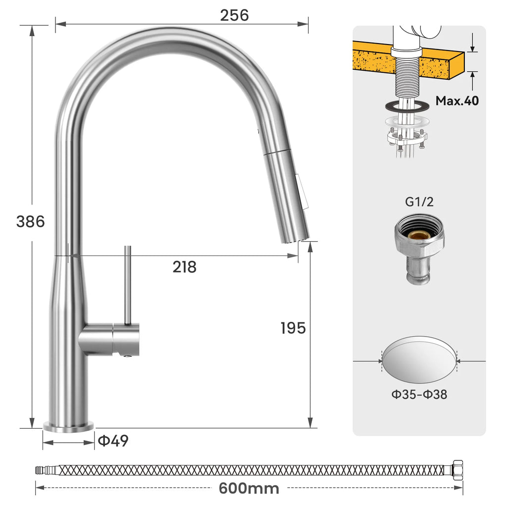 Brushed high-pressure kitchen mixer tap, pull-out spout, 2 spray settings, 360° swivel, replaceable aerator, high-performance valve