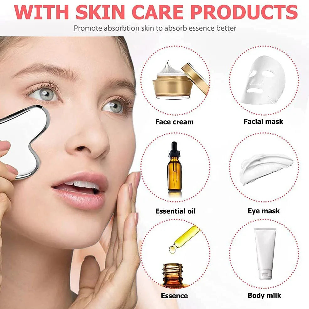 Woman using a silver metal gua sha tool on her face, alongside icons showing skin care products like cream and oil.
