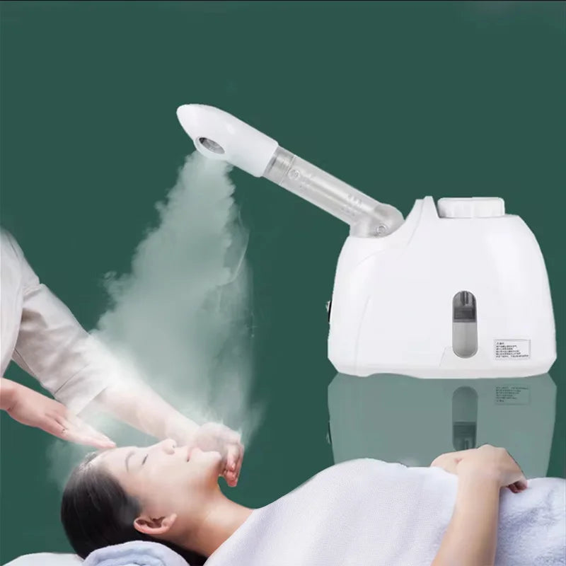 White ozone facial steamer emitting warm mist for professional home spa skin cleaning and pore treatment.