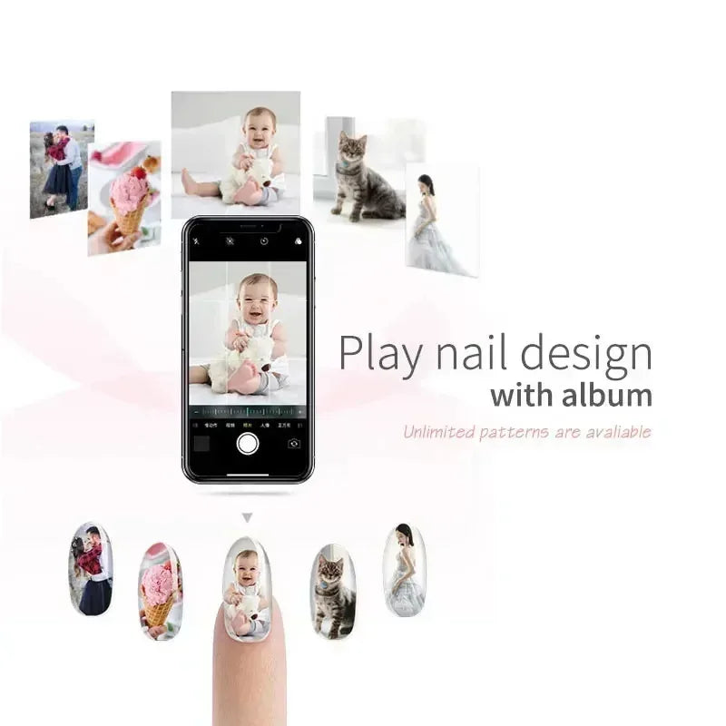 Oval press-on nail tips featuring custom photo prints from a smartphone app, worn on a finger.